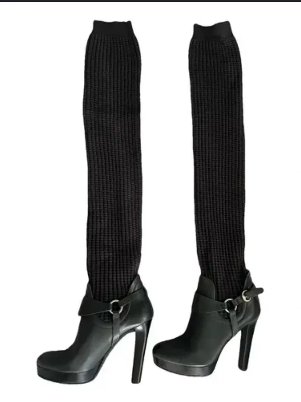 Gucci Black Leather Ankle Booties with Knit Cuff